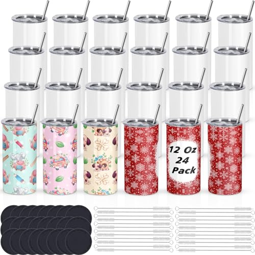 Draheri Vasos de sublimación de 12 onzas a granel, vasos de sublimación para niños con popote y cepillo, tazas aisladas de doble pared de acero inoxidable, en caja individual (paquete de 24)