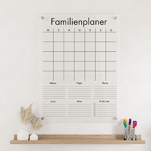 Wunsch Kalender - personalisierter Wandkalender - Hochkant 5-Namen Familienplaner - wiederverwendbarer Kalender aus Acrylglas - Familienplaner abwischbar - Hingucker für jeden Raum