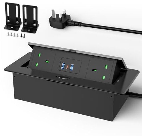 Desk Power Extension Socket with USB C PD20W, Recessed Power Strip with 3 USB, Aluminum Pop Up Sockets for Kitchen Worktops, 3250W/13A, Black, 1.8M Extension Cord