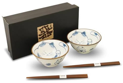 COTONOHA Mino Ware Cat-Design Rice Bowl & Wakasa-Nuri Wooden Chopsticks Pair Set - Artisan Japanese Tableware for Various Dishes, Presented in an Elegant Black Box (Lucky Cat)