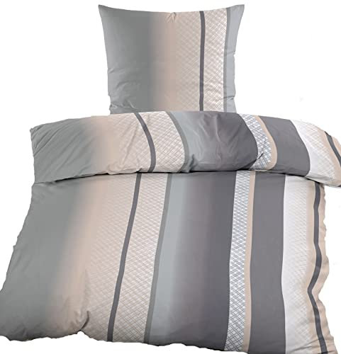 KH-Haushaltshandel 2-TLG. Biber Winter Bettwäsche 135 x 200 + 80x80 cm, 100% Baumwolle, grau beige Streifen (40128)