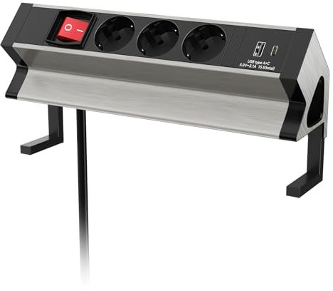 Steckdosenleiste Schreibtisch 3 Fach Aluminium, Ohuo Klemmbare Steckdosenleiste mit USB C, Schalter, Silber und Schwarz