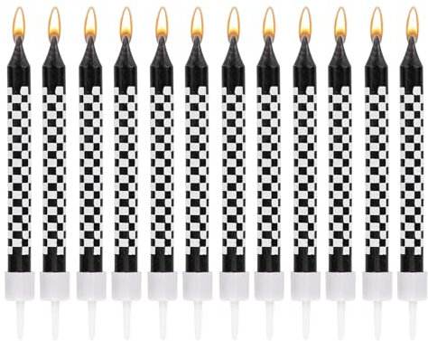 PEUTIER 12pcs Racing Cars Themed Birthday Candles, Black and White Checkered Birthday Cake Candles Birthday Cake Decorations for Racing Car Party Birthday Party Baby Shower Favors Kids Boys
