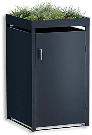 Metzler Mülltonnenbox in Anthrazit mit Pflanzdach 1 Tonne, Kapazität bis 240L, witterungsbeständiger und pulverbeschichteter Stahl mit Automatikdeckel, abschließbar, Tonnenhaus, Garten- und Müllbox