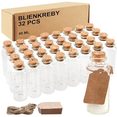 BLIENKREBY 32pcs Botella de Vidrio Mini, 40ml Botes Cristal Pequeños, Botellas Con Tapa de Corcho para Invitados Bodas, Decoración, Fiesta, Especias y Mermelada