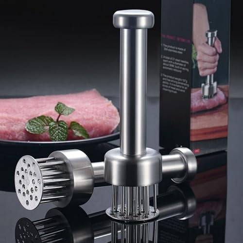 MKNZOME Meat Tenderizer Needle Tool, Meat Tenderiser Stainless Steel Meat Hammer with Cleaning Brush for Kitchen Cooking Chicken Breasts Steak, Pork, Chicken, Fish, Beef - Round