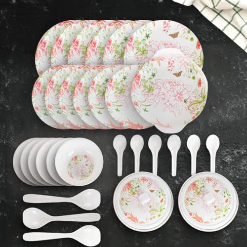 Dine Smart Melamine 32 Pieces Stylon Dinner Set Heat-Resistant | Durable | Shatter-Resistant | Light-Weight | BPA Free (Pink Flower)