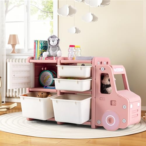 DREAMADE Étagère Rangement Enfant en Forme Camion avec 4 Bacs Amovibles&1 Cabinet,Meuble de Rangement en HDPE avec Coins Arrondis pour Salle de Jeux,Chambre,Salon(Camion Rose)