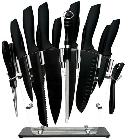 16 PCS Küchenmesser Set Edelstahl Kochmesser Set Well Balance Ergonomischer Griff (16 PCS Set-Black)
