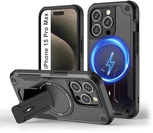 Tuvror Magnetic for iPhone 15 Pro Max Case with Stand. [Compatible with MagSafe] Built-in Kickstand. Rugged Protection Heavy Duty Shockproof Case for iPhone 15 Pro Max (Black)
