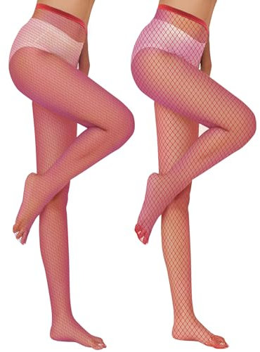 Clundoo Medias Rejilla Mujer, 2 Pares Mujeres Sexy Elástico Medias Medias Mujer, Cintura Alta Medias de Rejilla Pantimedias Elástico para Halloween Fiesta de Carnaval Rojo
