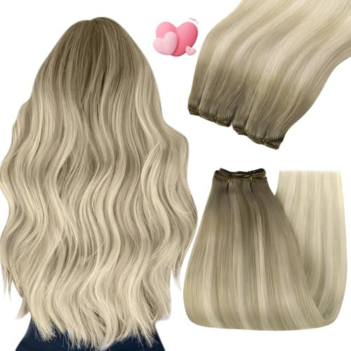 YoungSee Echthaar Tressen zum Einnahen Blond 55cm Tressen Echthaar Aschblond Ombre Blond Haartressen Echthaar Weft Extensions Echthaar Doppelt Tressen Weave Extensions Echthaar 100g #SUN