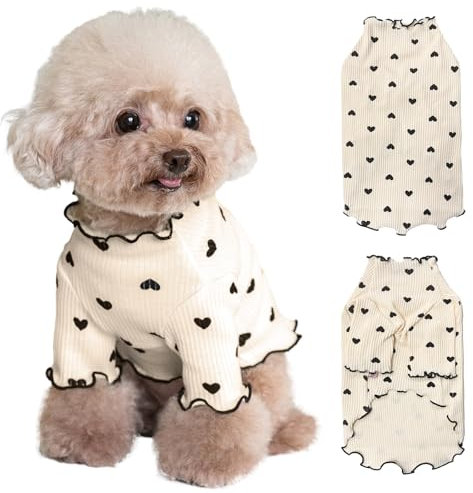 Yaopelky Haustierkleidung für kleine Hunde und Katzen, Sommer, Herbst, Herzmuster, dehnbar, Rüschen, langärmelige Outfits für Chihuahua, Schnauzer, Shih Tzu, Yorkie (Kaffee, M)