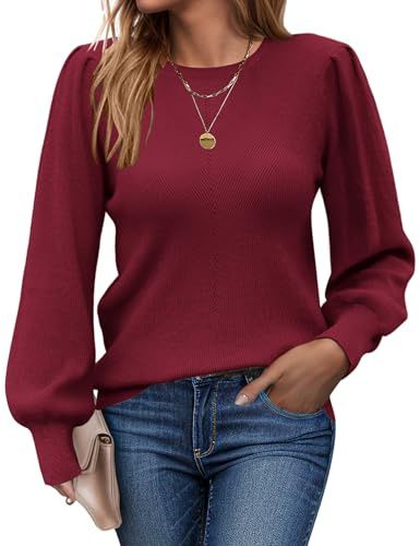Zeagoo Jumpers for Women UK Crew Neck Sweaters Ladies Long Sleeve Knitted Pullovers Stretch Shirts Sweatshirts Puff Sleeves Tops Autumn Winter