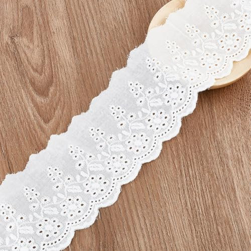 DELORIGIN 7 m Weiß Baumwoll Spitzenband Mit Blumenmuster Borten und Bänder zum Nähen Stickerei Spitzenband Vintage Halloween Spitzenstoff Ösen Zum Nähen DIY Geschenkpapier Scrapbooking Hochzeit