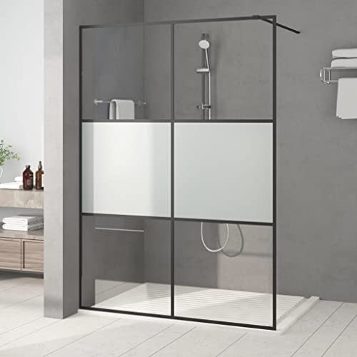 Homgoday Walk-in Duschwand Schwarz 140x195cm halb Milchglas ESG Glas Badewannenabtrennung Badezimmer Duschwand Trennwand Kabinenwände Umrandung Türbeschläge