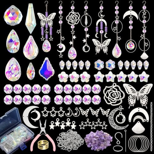 350pcs+ DIY Suncatcher Making Kits Crystal Sun Catcher Hanging Decor Arts and Crafts Supplies Set with Crystals Beads, Pendants, Charms, Hooks, Chains for Indoor Outdoor Home Wedding Garden Decor
