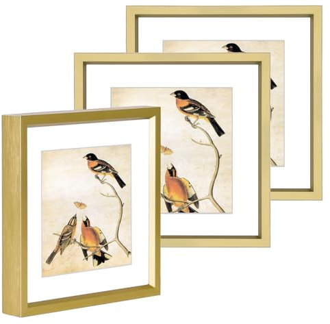 BKABOT Lot de 3 cadres photo de 10 x 10 cm, en laiton avec verre HD, convient aux photos de 7,6 x 7,6 cm avec passe-partout ou 10,2 x 10,2 cm sans passe-partout, affichage mural et table