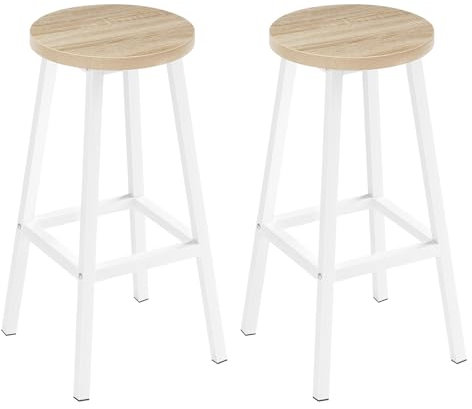 Klihome Barhocker 2er Set, Barstühle mit Metallgestell, Bar Hocker rund, Küchenstühle mit Fußstütze, Tresenhocker 150 kg belastbar, für Bar Kücheninsel Esszimmer, Helle Eiche, K0008BH-2