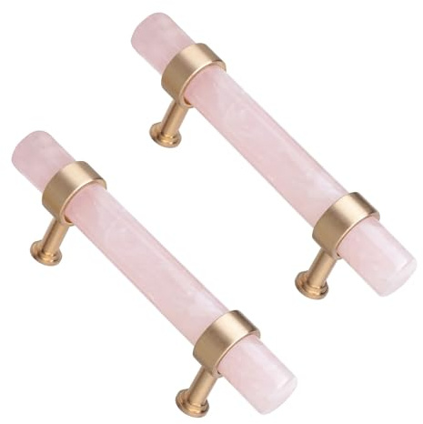 KYEYGWO 2 Pcs Rose Quartz Cabinet Pulls for Kitchen Drawers Dresser | Pink Drawer Pulls, Brushed Brass Base, Stainless Steel Screws, Polished Gemstone Knobs for Closet Doors, Housewarming Gift