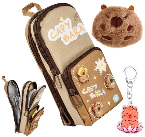 Ehuihuan Portatile Astuccio Scuola per Matite 3 Scomparti, Astuccio Scuola Grande Capacità Astuccio Verticale, Kawaii Pencil Case Marrone,Portamatite con Cerniera per Scuola Ufficio Studenti