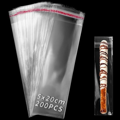 TXXATX 200 Stück Cellophantüten Selbstklebend 5x20 cm Lange Zellophanbeutel Selbstklebende Plastiktüten Transparent OPP Tütchen Wiederverschließbare Kleine Tüten für Kerzentüten Schmuck Biscuit Rod