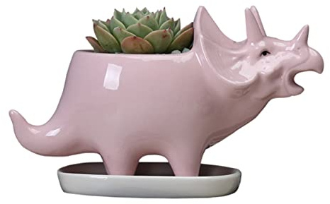 BESPORTBLE Triceratops Sukkulententopf aus Keramik Rosa mit Tablett | Kakteen und Sukkulenten, Große Öffnung, Cartoon Design für Tisch und Garten