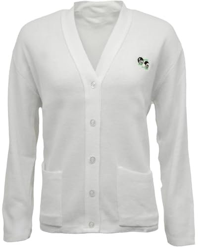 Party HuB Womens Bowls Logo Pocket Cardigan Ladies Long Sleeve Ribbed Cuffs and Hem Knitted Sweater Warm Winter Sports Wear Jumper White