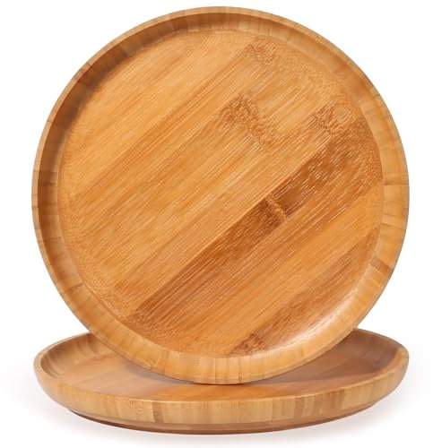 ZTHapwa Lot de 2 assiettes à dîner en bois de bambou, plateau de service décoratif pour table basse et décoration d'intérieur, plateaux de service ronds pour pâtes/fruits/charcuterie, assiettes
