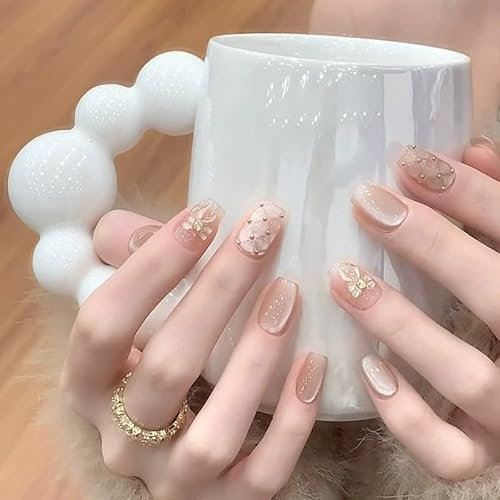 30pcs Short Coffin Press on Nails, Cat Eye False Nails, Nude Pink Fake Nails, Bow Rhinestone Stick on Nails, Removable Glue-on Acrylic Nail Tips Spring Summer Accessories for Women