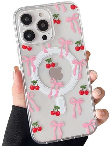 ZTOFERA Magnetic Case for iPhone 16 Pro (6.3), Clear Aesthetic Phone Case Compatible with MagSafe, Cute Bows Ribbon Bowknot Pattern Soft TPU Shockproof Cover for Girls Women, Cherry