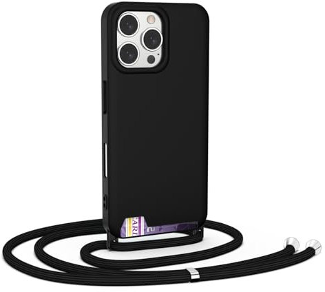 CAROKI Detachable Crossbody Lanyard Phone Case for iPhone 16 Pro,Necklace Mobile Phone Cover with Card Holder Bumper iPhone 16 Pro Cover Holder with Neck Cord Lanyard Strap-Black