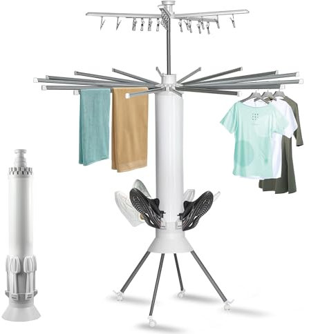 JIANFA Space Saving Foldable 3-Tier Clothes Airer, Portable Clothes Drying Rack with Wheels, 6 Shoe Racks, 16 Drying Arms & 20 Clips for Indoor & Outdoor Extendable Air Dryer No Assembly