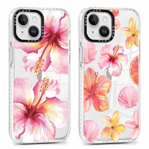 Saqmkil 2 Stück Hülle für iPhone 15, Aesthetic Hibiskus Blumen Muster Design Mädchen Frauen Handyhülle, Transparent Weich Silikon Süßes Blume Motiv Stoßfest Case Schutzhülle für iPhone 15 6,1'',Rosa