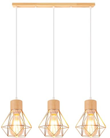 TOKIUS 3-flammig Pendelleuchte Vintage 16CM Industrial Lampe mit Geometrischem Design E27 Hängelampe aus Holz Eisen Käfig Lampenschirm Gold Hängeleuchte für Esstisch Küche Wohnzimmer (Balken)