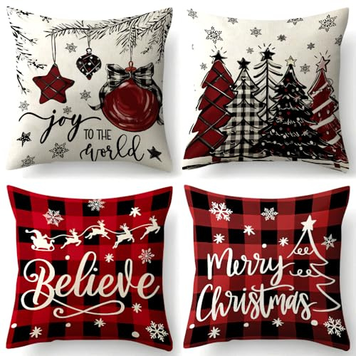 Dazhtu Kissenbezug Weihnachten, 4er Set Leinen Weihnachtskissen, 45x45 cm Zierkissenbezug Cushion Cover Couch Wohnzimmer Außenbereich Deko,Christmas Decorations Mode Schneemann Rentier,Winterdeko