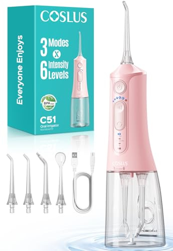 COSLUS C51 Hydropulseur Portable with Jet, 3 Modes, 6 Niveaux De Pression | Jet Dentaire Pour Orthodontie, Appareils Dentaires, Gencives Sensibles, Plusieurs Utilisateurs, Rose