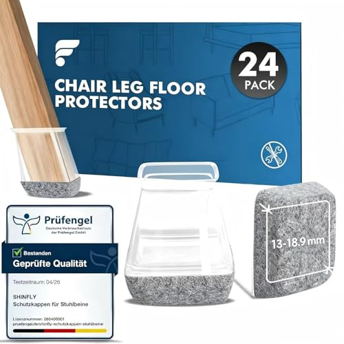 shinfly 24 Pièces Protection Pied de Chaise, Patins pour Chaises Silicone | Carré Protege Pied de Chaise et Sol avec Feutre, Anti-Rayure et Silencieux sur Bois, tampon chaise (S 13-18.9mm Transparent)