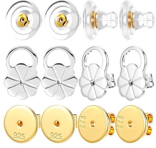 Mabor Earring Backs for Droopy Ears, 12pcs Secure Silicone Earring Lifters Supports for Heavy Earrings, Anti-Sensitive Earrings Backs Replacement (Gold, Silver, Clear)