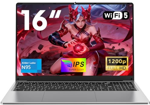 NAIKLULU 16 Pollici PC Portatile Processor N95 (1,0 a 3,4 GHz), RAM 16 GB SSD 512GB Laptop Computer Portatile, 1920x1200P/Tastiera Retroilluminata/6000 MAh/Lector de Huellas Dactilares