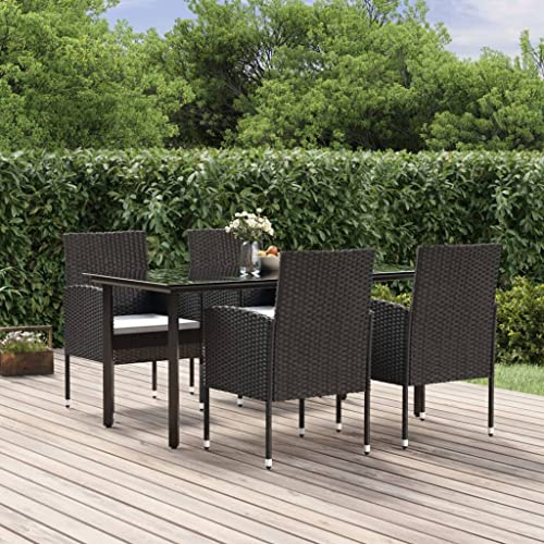 QJBSAVVA 5-teilig Rattan Gartenmöbel-Set Schwarz 160×80 cm, witterungsbeständig, mit cremeweißen Kissen und Glas-Tisch, Balkon Terrasse Camping