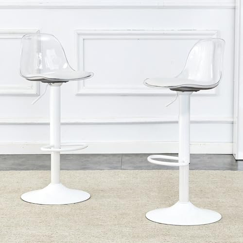 PUGSDRLY Tabourets de Bar réglables 82–99cm, Pivotants 360°, Dossier Transparent et Pieds métal Blancs, Lot de 2 Chaise pour Cuisine ou Salon (White)