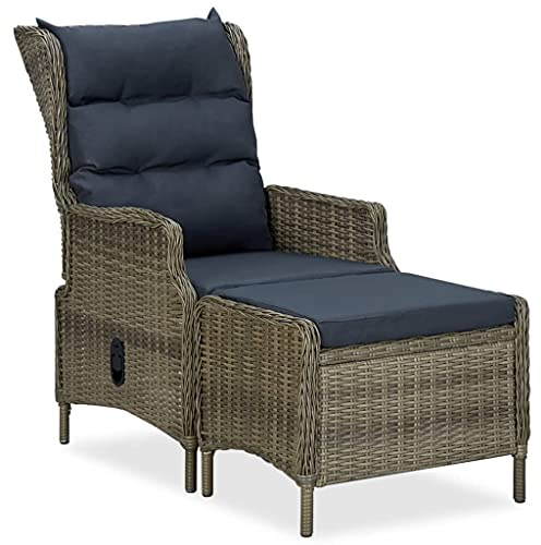 IBUQDDV Verstellbarer Gartensessel mit Fußhocker aus PE-Rattan Braun 4 Kissen Polsterung Gasdruckfeder Lounge Relax