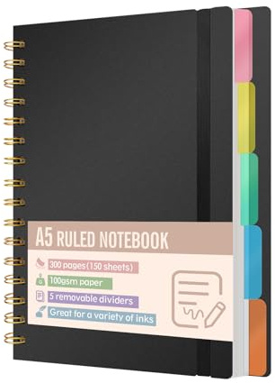 Xnegau Quaderno A5 a righe con 5 divisori rimovibili, 300 pagine carta 100 g/m², copertina rigida, rilegatura a spirale, notebook con linguette per scuola, ufficio e università
