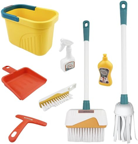 Ravytha kit Menage Enfant, Vadrouille et Balai Enfant Jouet, Nettoyage et ménage Enfants, Kids Cleaning Toy Set, 8 pièces de Jouets ménagers Set de Jeux de rôle, Jouet pour Enfants à partir de 3 Ans