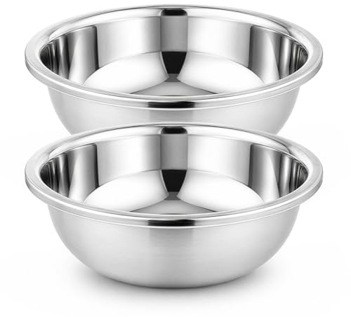 BREEZENEST 2-Pack Stainless Steel Mixing Bowls Set Metal Bowls 304 Heavy Duty Kitchen Prep Bowls for Baking Marinating Salad Dough Vegetable Washing Dishwasher Safe Mirror Finish Silver