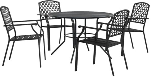 QJBSAVVA 5-TLG Gartenmöbel Set mit Rundem Tisch und 4 Stapelstühlen, Sitzgruppe aus Pulverbeschichtetem Stahl, Essgruppe für Balkon, Terrasse und Garten, Anthrazit