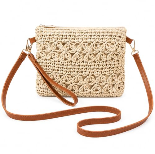 Bolso Bandolera de Paja,Bolsa de Playa Paja,Bolso de Paja para Mujer | Tejido a mano con cremallera, asa ajustable. Para paseos, compras, vacaciones