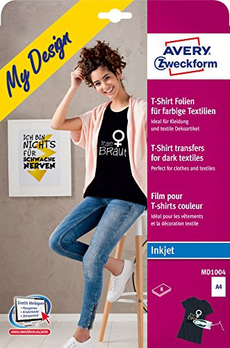 AVERY Zweckform MD1004 8 Textilfolien, T-Shirt selbst gestalten, T-Shirt bedrucken (Bügelfolie, farbige Textilien, DIN A4, bedruckbare T-Shirt Folie zum Aufbügeln, Transferfolie für Inkjet-Drucker)