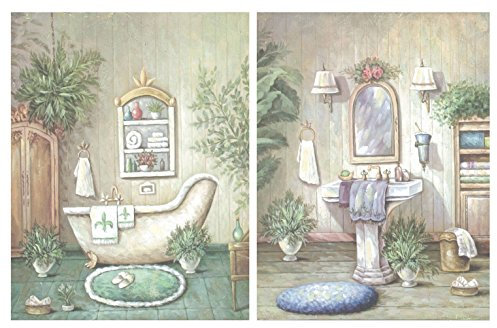 Dcine Set di 2 quadri da bagno in tonalità verde pastello. Lavabo, bidet. Quadri su base di legno da 25 x 19 cm x 4 mm pz.